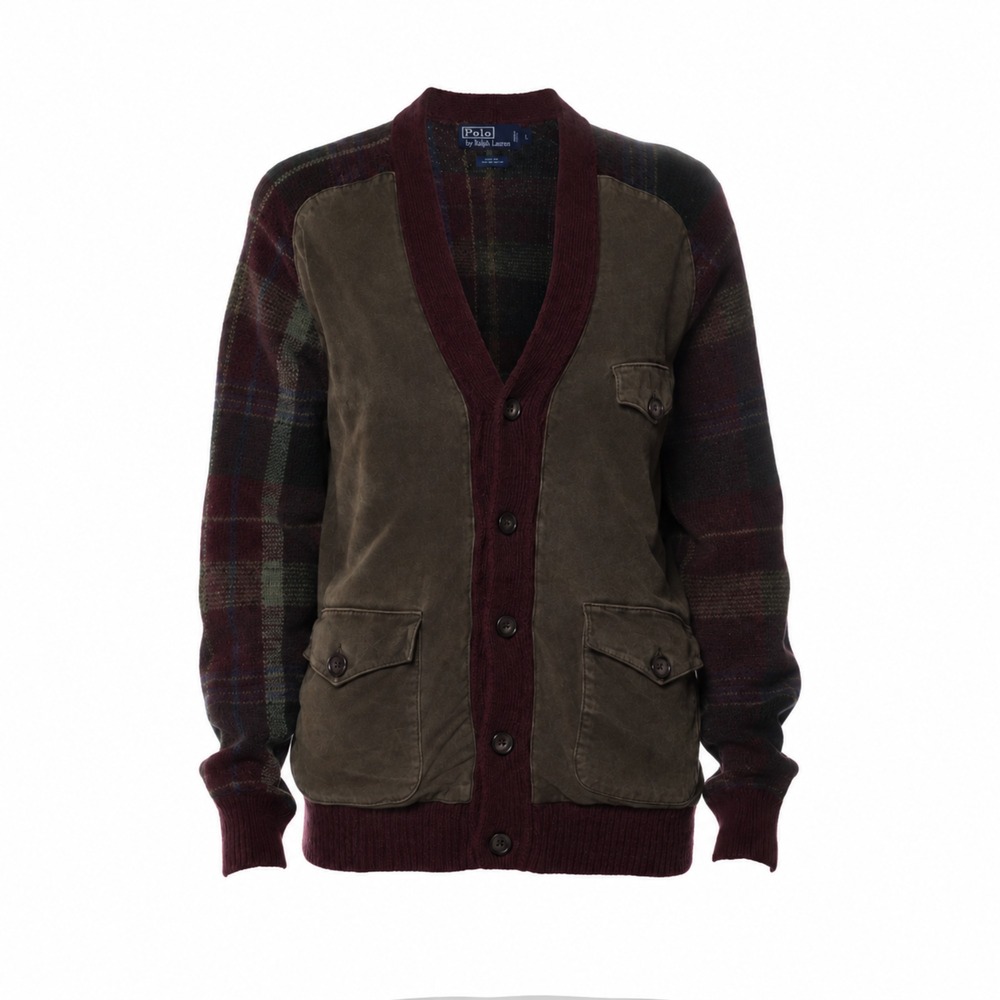 Polo Ralph Lauren Vintage 2005 Wool Plaid Knit Suede Panel Sweater